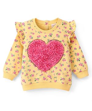 Babyhug Cotton Full Sleeves Floral Printed Sweatshirt With Petal Embroidery & Frill Detailing- Yellow