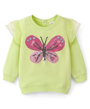 Babyhug Cotton Full Sleeves Butterfly Sweatshirt With Sequins & Mesh Frill Detailing- Lime Green