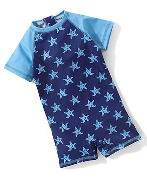 Babyhug Raglan Half Sleeves Star Fish Printed Thigh Legged Swimsuit - Navy Blue