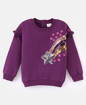 Babyhug Cotton Knit Full Sleeves Sweatshirt with Sequins & Frill Detailing - Dark Purple