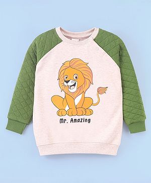 Babyhug Cotton Knit Raglan Sleeves Sweatshirt with Quilting Details & Lion Graphics Print - Oatmeal