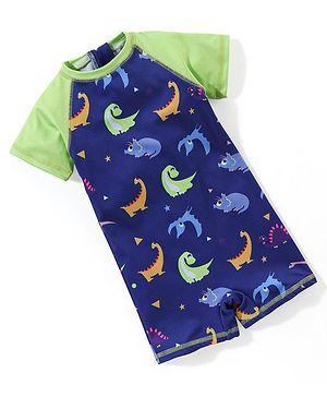 Babyhug Raglan Half Sleeves Dino Printed Thigh Legged Swimsuit  - Navy Blue