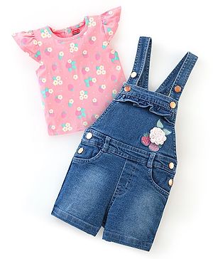 Babyhug 100% Cotton Cap Sleeves Tee With Dungaree Floral Print & Embroidery- Pink & Blue