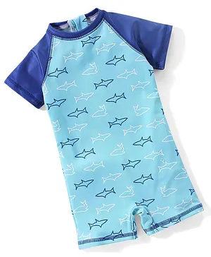 Babyhug Raglan Half Sleeves Shark Printed Thigh Legged Swimsuit  - Blue