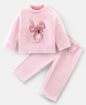Babyhug Velour Full Sleeves Winter Wear Night Suit Koala Embroidered - Pink