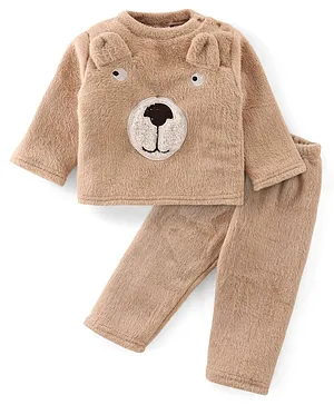 Babyhug Cotton Knit Velour Full Sleeves Bear Applique Winter Wear Night Suit - Brown