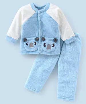 Babyhug Velour Full Sleeves Winterwear Nightsuit With Teddy Applique - Blue & White
