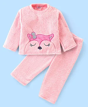 Babyhug Velour Knit Full Sleeves Winter Night Suit Fox Embroidery - Pink