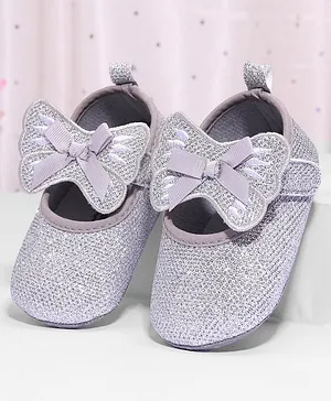 Cute Walk by Babyhug Booties With Velcro Closure & Bow Applique - Silver