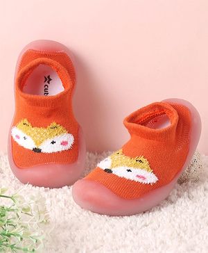 Cute Walk by Babyhug Solid Color Socks Shoe with Fox Design - Orange