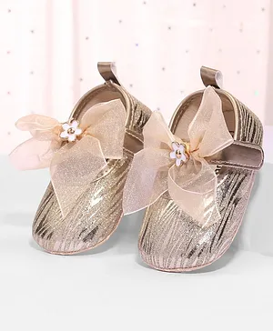 Cute Walk by Babyhug Booties with Velcro Closure and  Floral Applique - Golden