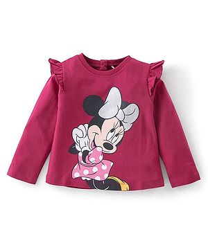 Babyhug 100% Cotton Knit Full Sleeves Minnie Mouse Print T-Shirt with Frill Detailing - Maroon