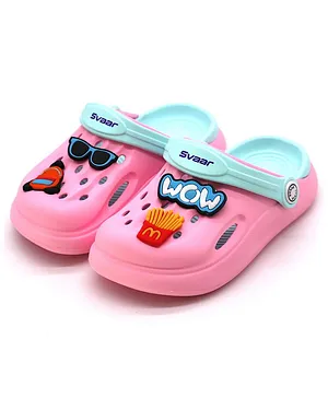 Svaar Wow & Sunglasses Theme Patch Appliqued Detail Back Strap Clogs - Baby Pink & Sea Blue