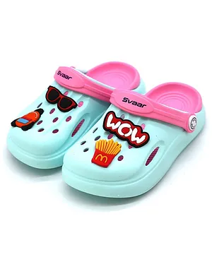 Svaar Wow & Sunglasses Theme Patch Appliqued Detail Back Strap Clogs - Sea Blue & Baby Pink