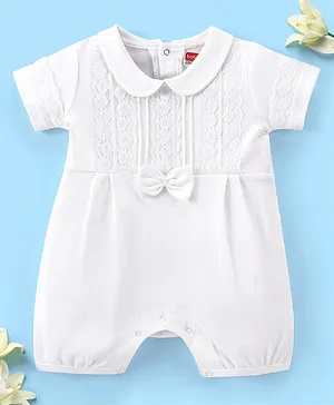 Babyhug 100% Cotton Knit White Lace
                              Yoke Baptism Romper with Bow - W Hite