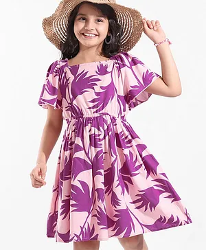 Hola Bonita Viscose Monochrome Print With Flutter Sleeve Knee Length Dress - Purple