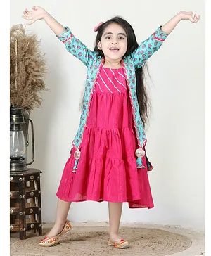 Kinder Kids Sleeveless Cotton Lace Detailing Ethnic Dress with Floral Tassled Jacket - Blue & Pink