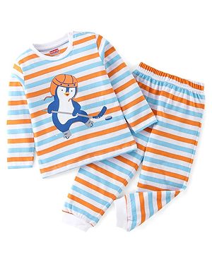 Babyhug Cotton Single Jersey Knit Full Sleeves Night Suit Stripes & Penguin Print - Orange