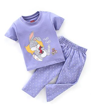 Babyhug Cotton Knit Half Sleeves Bunny Print Night Suit - Purple