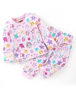 Babyhug Cotton Knit Full Sleeves Night Suit With Fruits Print - Pink