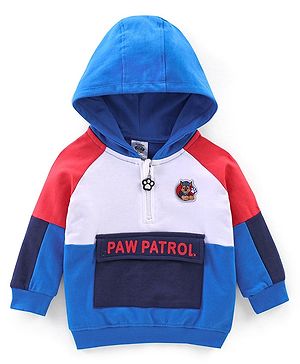 Babyhug Cotton Knit Full Sleeves Cut & Sew Sweatshirt With Hood & Paw Patrol Graphics - Blue & White
