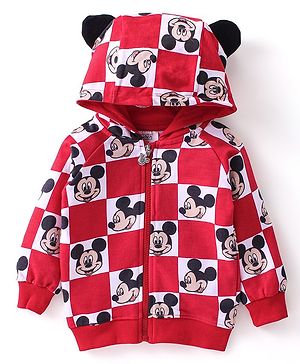 Babyhug Cotton Knit Full Sleeves Hooded Sweat Jacket with Mickey Mouse Print - Red