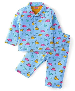 Babyhug Cotton Knit Full Sleeves Night Suit With Dino Print - Blue