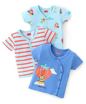 Babyhug 100%  Cotton Knit Half Sleeves Front Open Vest Lion Print Pack of 3 - Multicolour
