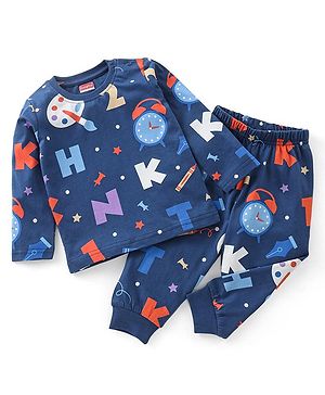 Babyhug Cotton Knit Full Sleeves Clock Printed Night Suit - Navy Blue