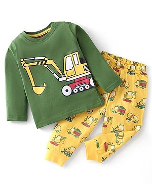 Babyhug Single Jersey Full Sleeves Night Suit With JCB Print - Green & Yellow