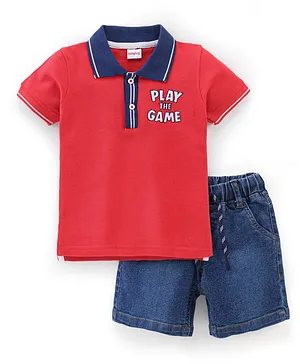 Babyhug Cotton Half Sleeves T-Shirt & Denim Shorts Set Text Print- Red & Blue