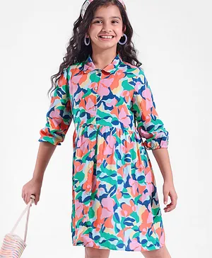 Hola Bonita Viscose Full Sleeves Shirt Dress With Abstract Print- Blue Pink & Green