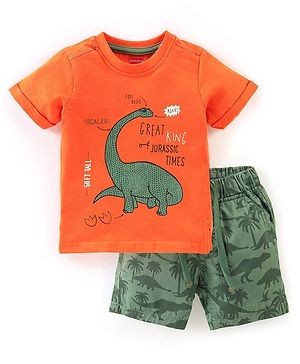 Babyhug Single Jersey Cotton Knit Half Sleeves T-Shirt & Shorts Set Dino Print - Orange & Green