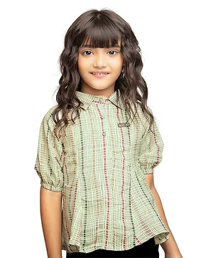Tiny Kingdom Half Sleeves Stripe Designed Shirt Style Top - Green
