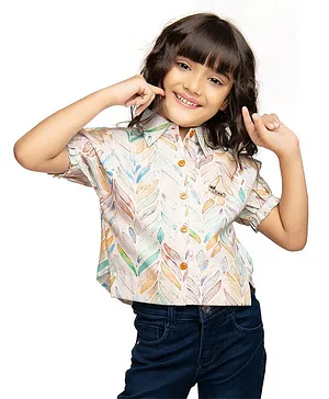 Tiny Kingdom Half Sleeves Seamless Watercolour Effect Printed Shirt Style Top - Cream
