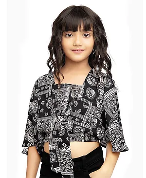 Tiny Kingdom Half Sleeves Seamless Floral & Paisley Blocks Detailed Front Tie Up Top - Black