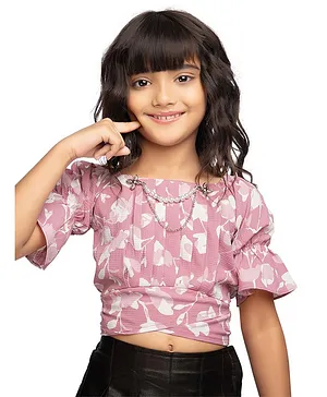 Tiny Kingdom Puffed Half Sleeves Seamless Floral Swirl Printed Top - Pink
