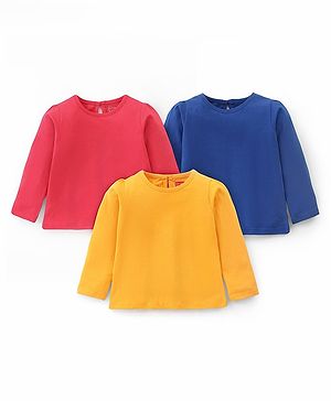 Babyhug Full Sleeves Cotton T-Shirts Solid Color Pack of 3 - Blue Pink & Yellow