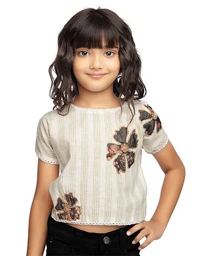 Tiny Kingdom Half Sleeves Flowers Patched & Striped Top - Beige