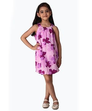 Creative Kids Sleeveless Cotton Knee Length  Floral Print Balloon Dress - Purple