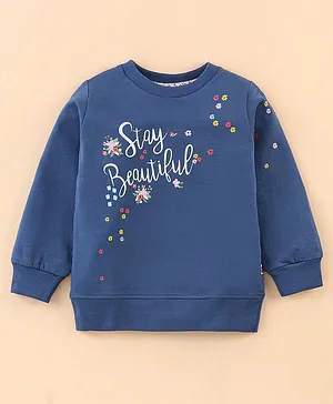 Ollypop Looper Full Sleeves T-Shirt with Text Print - Anchor Blue