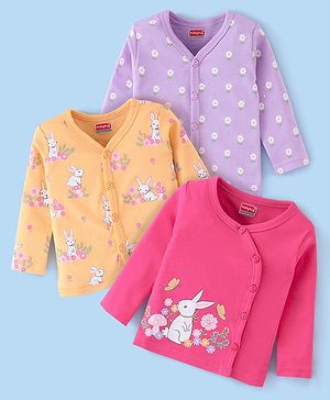 Babyhug 100% Cotton Knit Full Sleeves Front Open Jhablas Bunny Print Pack of 3 - Pink Orange & Purple