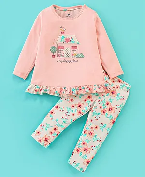 First Smile Sinker Knit Full Sleeves Top & Legging Set House Embroidery - Pink