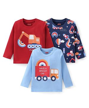 Babyhug Cotton Knit Pack of 3 Full Sleeves T-Shirts with Construction Vehicles Graphic Print - Red & Blue