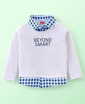 Babyhug Cotton Knit Full Sleeves Text Printed Collared T-Shirt - White Melange