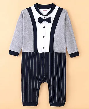 Kookie Kids Full Sleeves Cut & Sew Romper With Bow Detailing - Grey Navy Blue & White
