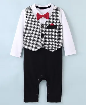 Kookie Kids Full Sleeves Romper With Attached Waist Coat & Bow Detailing Houndstooth Print - Black & White