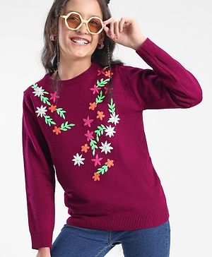 Pine Kids Full Sleeves Floral Embroidery Sweater - Voilet
