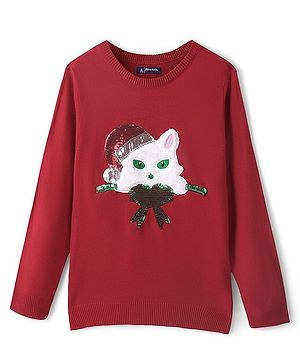 Pine Kids Full Sleeves Christmas Cat Applique Pullovers - Red
