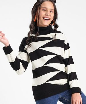 Pine Kids Full Sleeves Turtle Neck Geometric Structure Sweater - Black And White